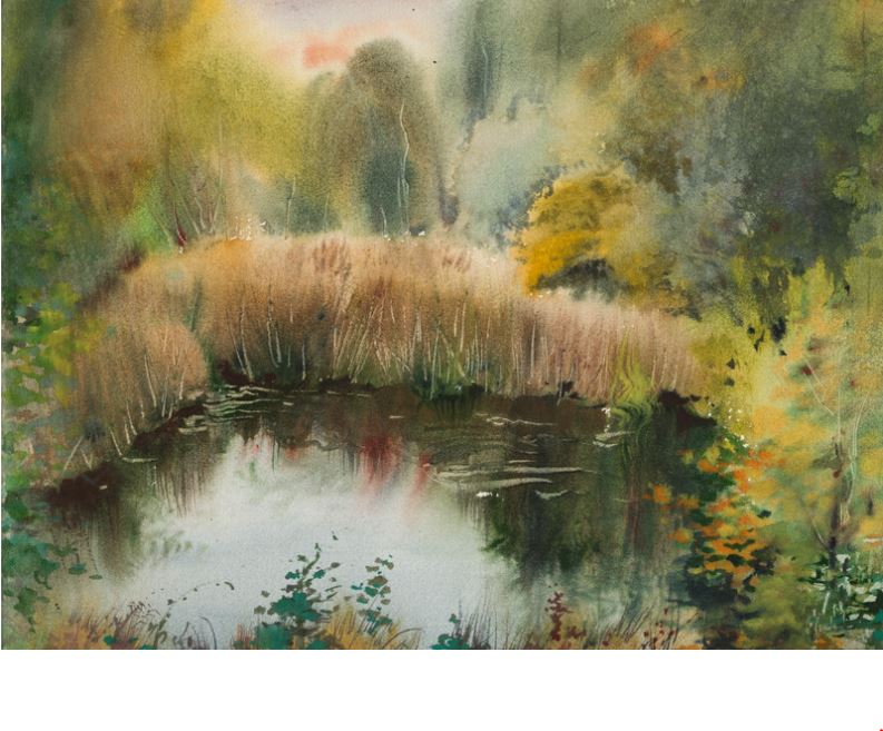 watercolor wetland painting of a marsh