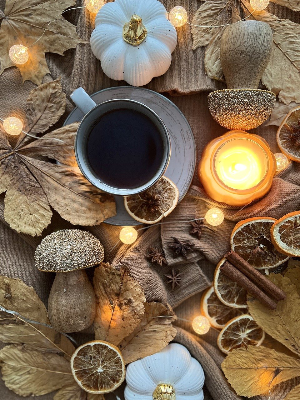 Coffee cup set on fall altar